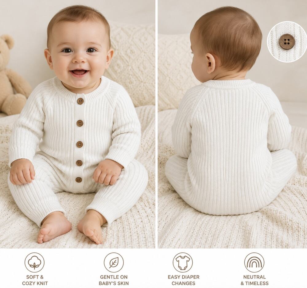 uubayyii Cream Colored Ribbed Knit Baby Romper Jumpsuit 6-12M NWT